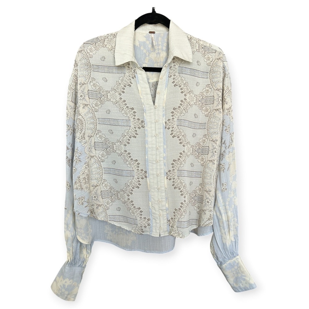 Free People Virgo Baby Button Down Top Shirt Blue Floral Boho Flowy Hippie XS